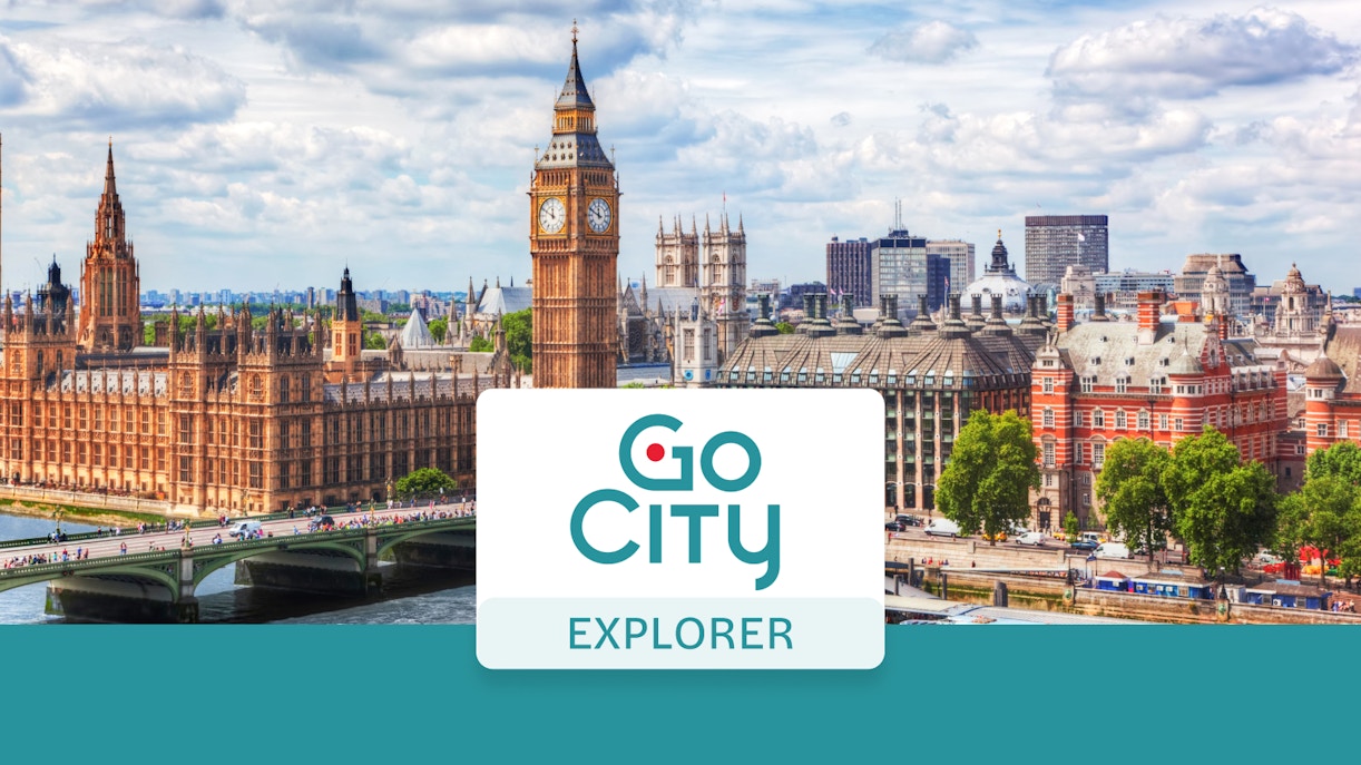 London skyline with Big Ben and Go City Explorer Pass logo.