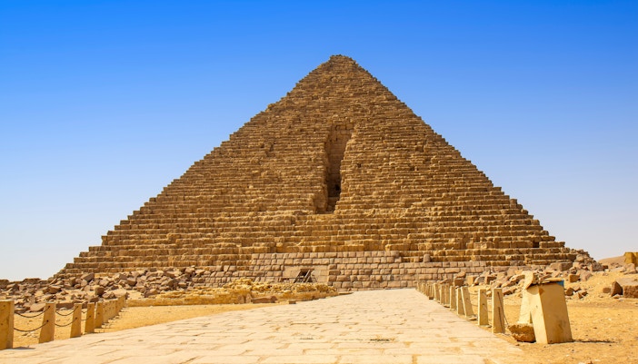 Pyramid of Menkaure exterior with stone pathway, Giza, Egypt.