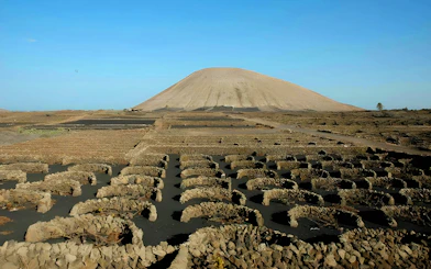 Vineyards in volcanic soil at La Geria, Lanzarote, near Timanfaya National Park, Spain.
