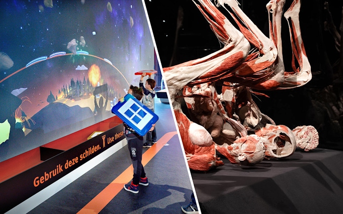 Children interacting with a digital exhibit and anatomical display at Body Worlds Amsterdam.