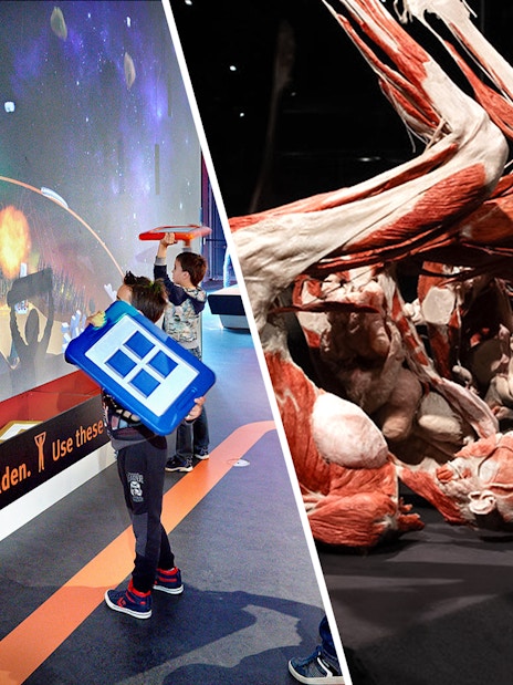 Children interacting with a digital exhibit and anatomical display at Body Worlds Amsterdam.