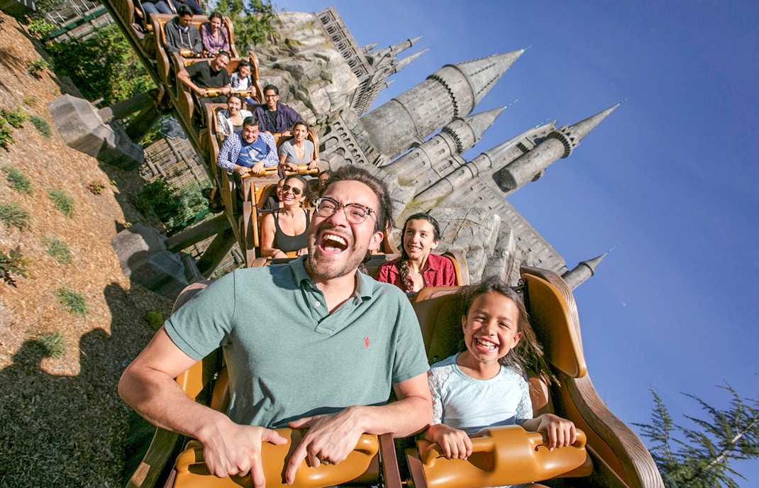 Tourists on a Harry Potter ride at Universal Studios Hollywood, Los Angeles.