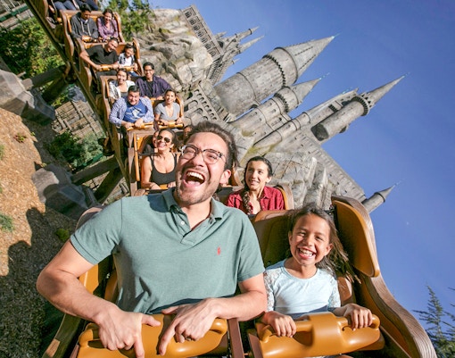 Tourists on a Harry Potter ride at Universal Studios Hollywood, Los Angeles.