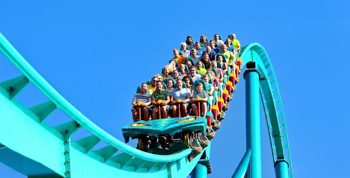 Riders on Leviathan roller coaster at Canada's Wonderland, Six Flags.