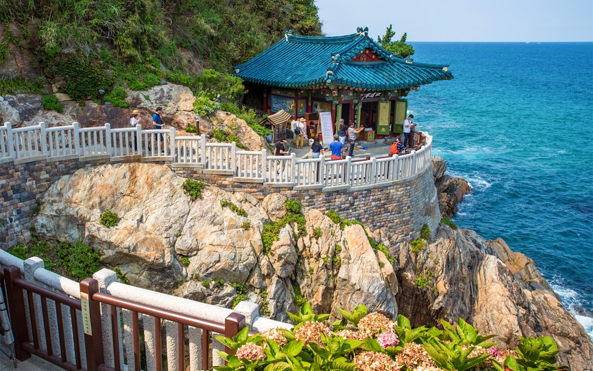 Naksansa Temple overlooking the sea on rocky cliffs near Mt. Seorak, South Korea.