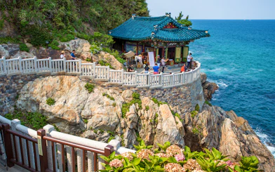 Naksansa Temple overlooking the sea on rocky cliffs near Mt. Seorak, South Korea.