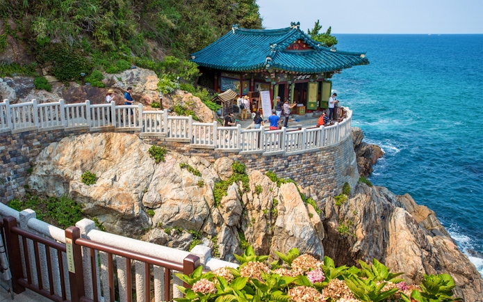 Naksansa Temple overlooking the sea on rocky cliffs near Mt. Seorak, South Korea.