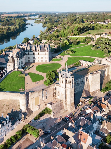 Aerial view of Royal Amboise Castle and surrounding gardens in Amboise, France.