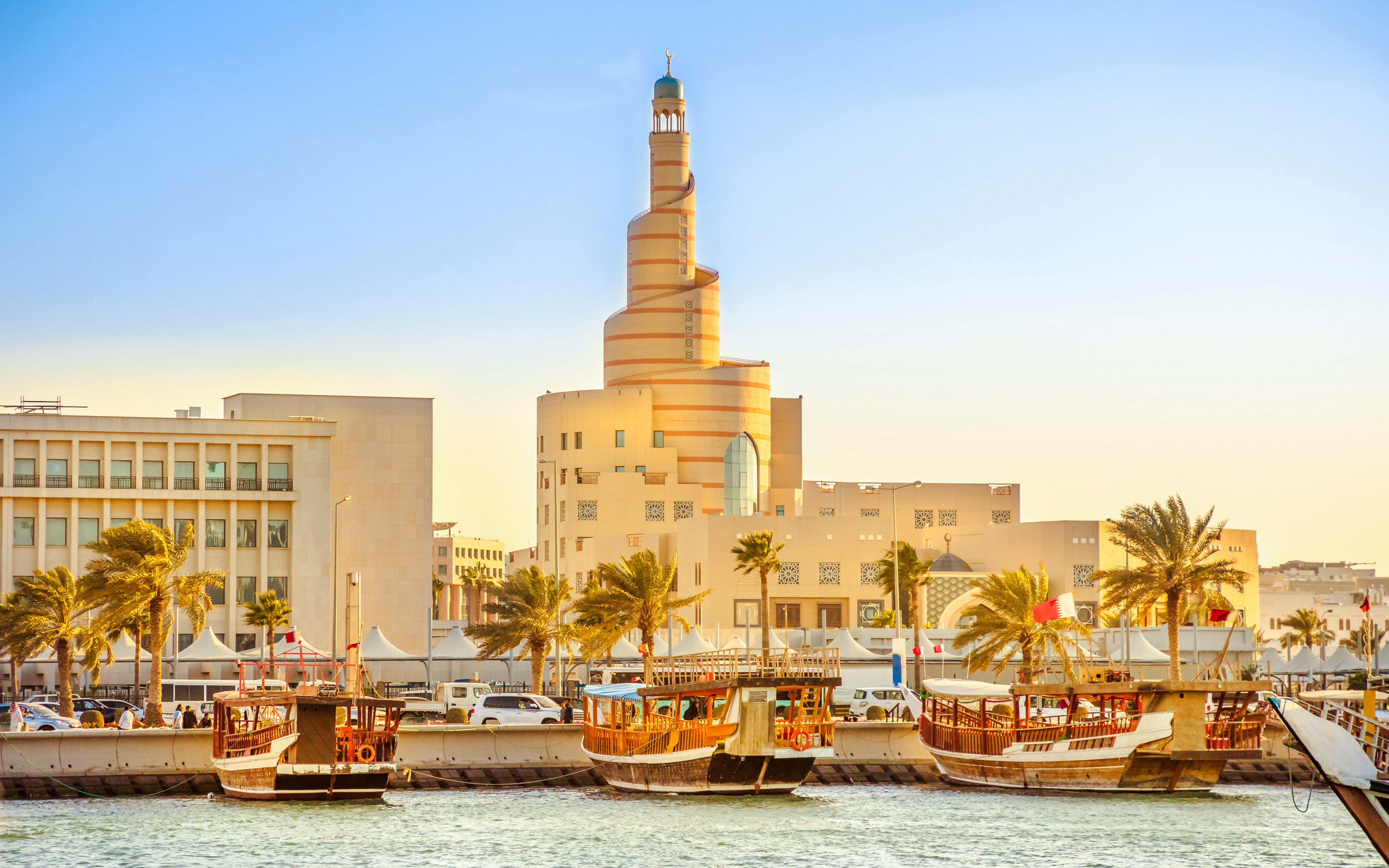 Doha Bay with spiral mosque, Corniche, Doha