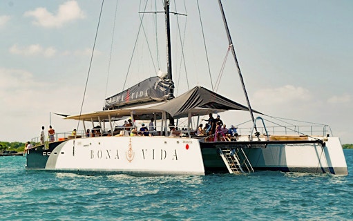 Tourists enjoying Catamaran Sunset Open Bar Tour in Cartagena.
