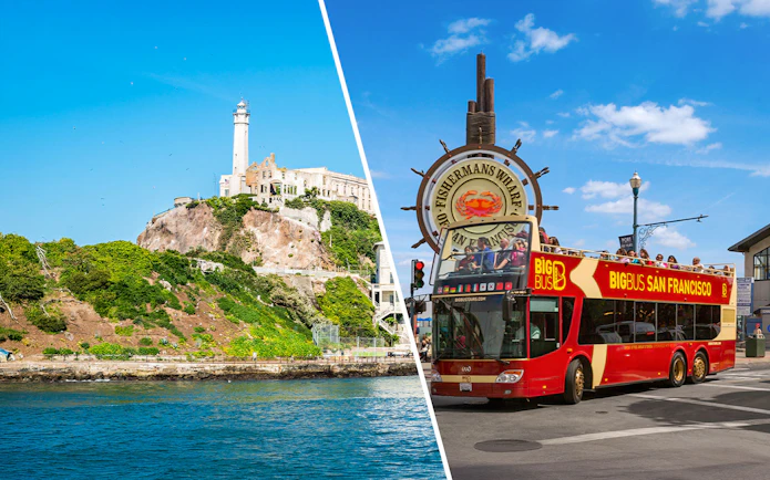 Alcatraz Island with lighthouse and Big Bus tour at Fisherman's Wharf, San Francisco.