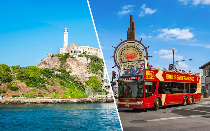 Alcatraz Island with lighthouse and Big Bus tour at Fisherman's Wharf, San Francisco.