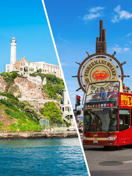 Alcatraz Island with lighthouse and Big Bus tour at Fisherman's Wharf, San Francisco.