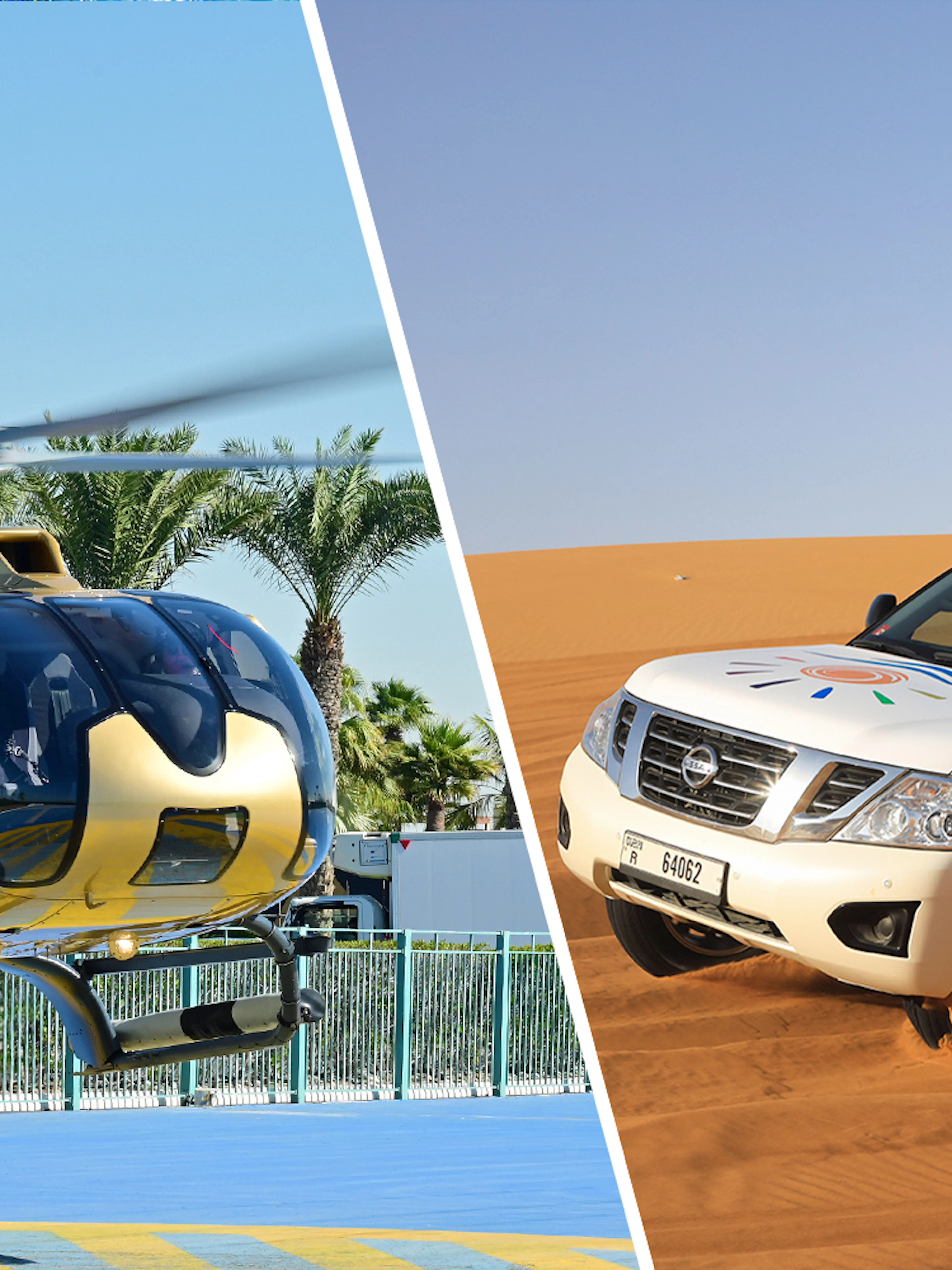 Helicopter over Dubai and SUV in Red Dunes Desert Safari.