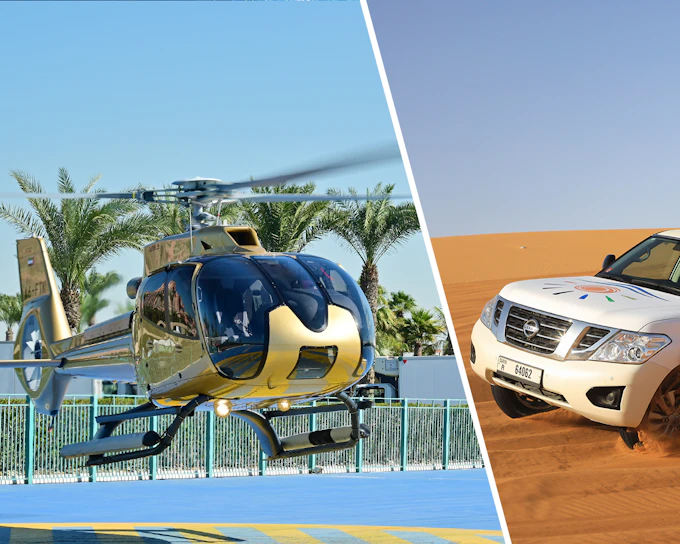 Combo: 15-Min Helicopter Tour of Dubai & Red Dunes Desert Safari with Bedouin Camp Experience