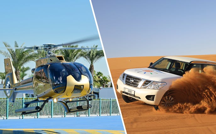 Helicopter over Dubai and SUV in Red Dunes Desert Safari.