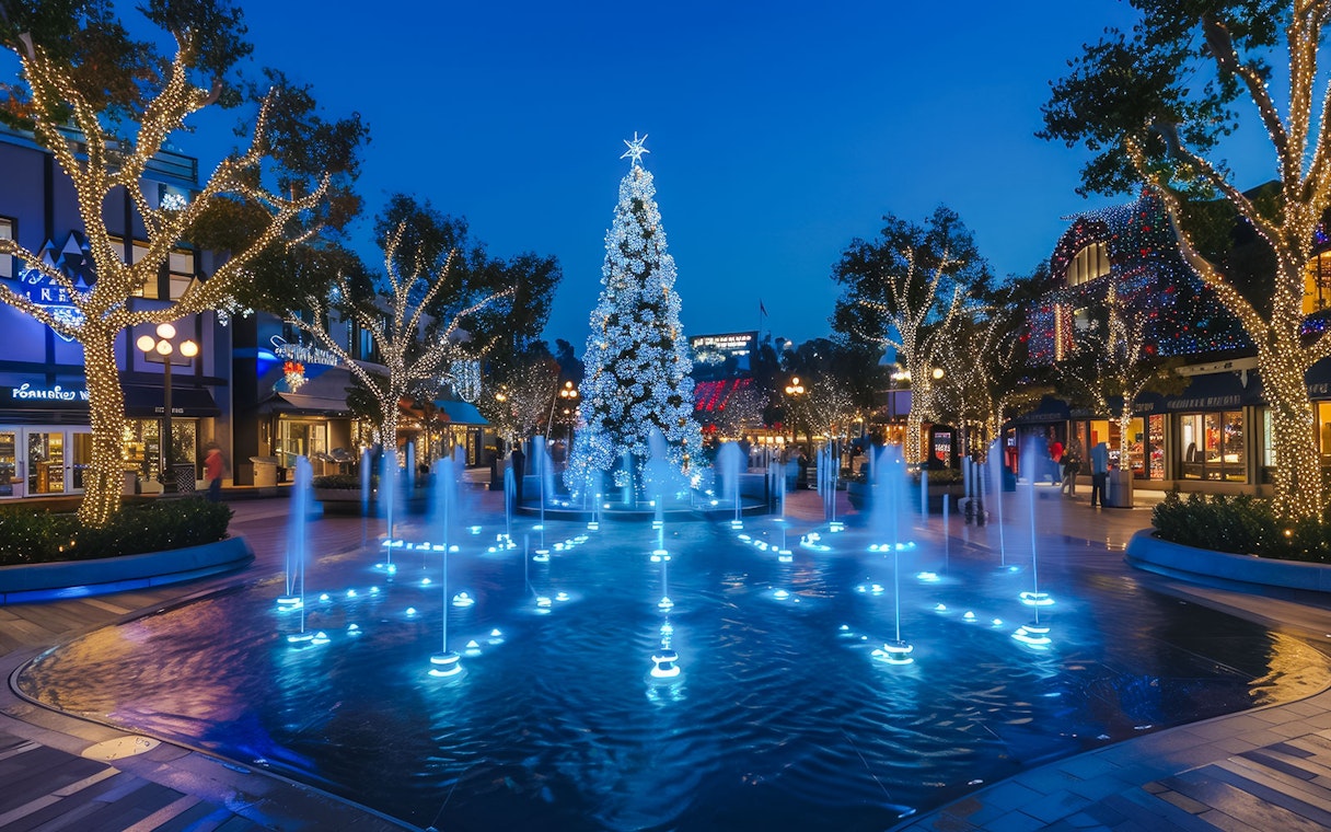 Dancing fountain and Christmas tree at The Grove Los Angeles during holiday celebration.