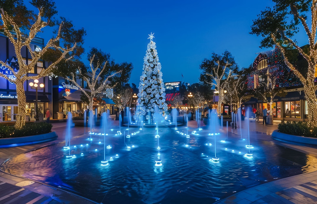 Dancing fountain and Christmas tree at The Grove Los Angeles during holiday celebration.