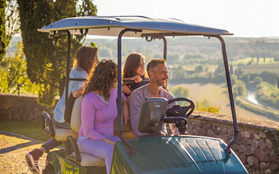Golf cart tour at Parco Giardino Sigurtà with scenic landscape in background.