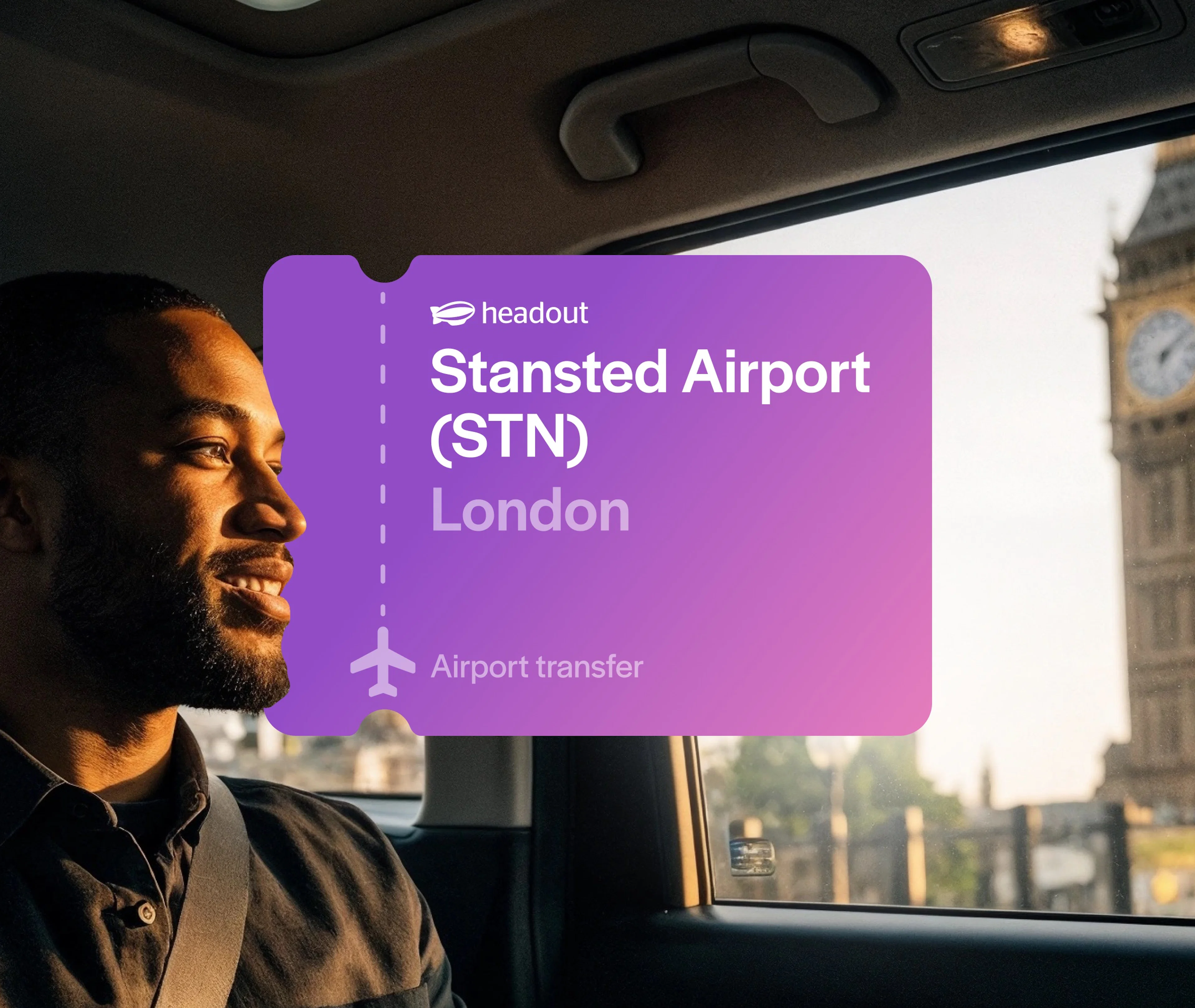Man in car with Big Ben visible through window, London airport transfer.