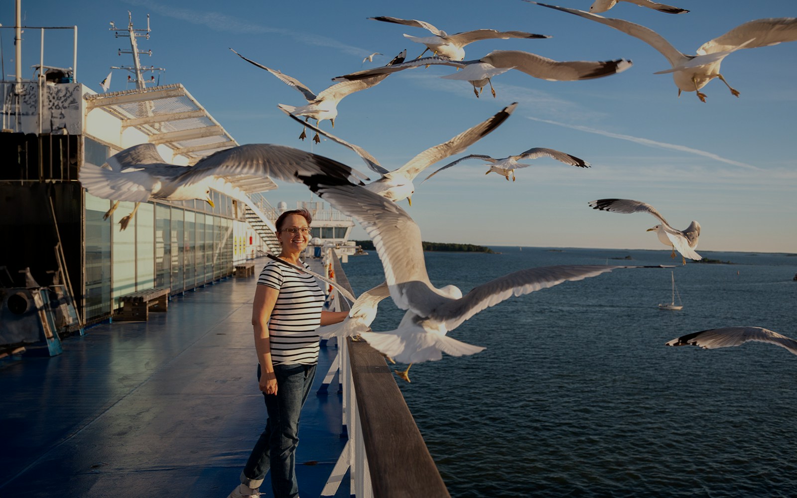 Tourists feeding seagulls on a ferry