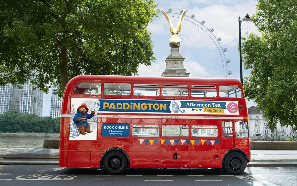 Red double-decker bus for Brigit's Bakery Paddington Afternoon Tea Tour in London.