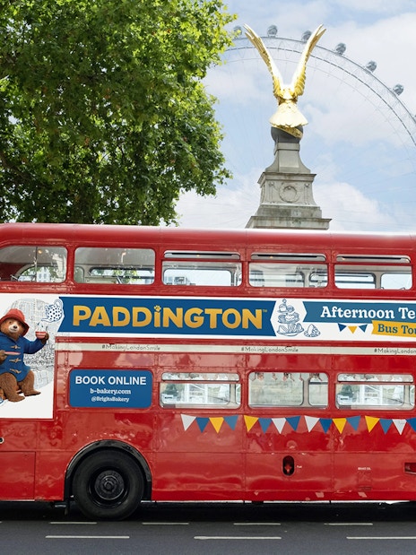 Red double-decker bus for Brigit's Bakery Paddington Afternoon Tea Tour in London.