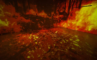 Immersive art installation depicting a forest fire, highlighting environmental themes.