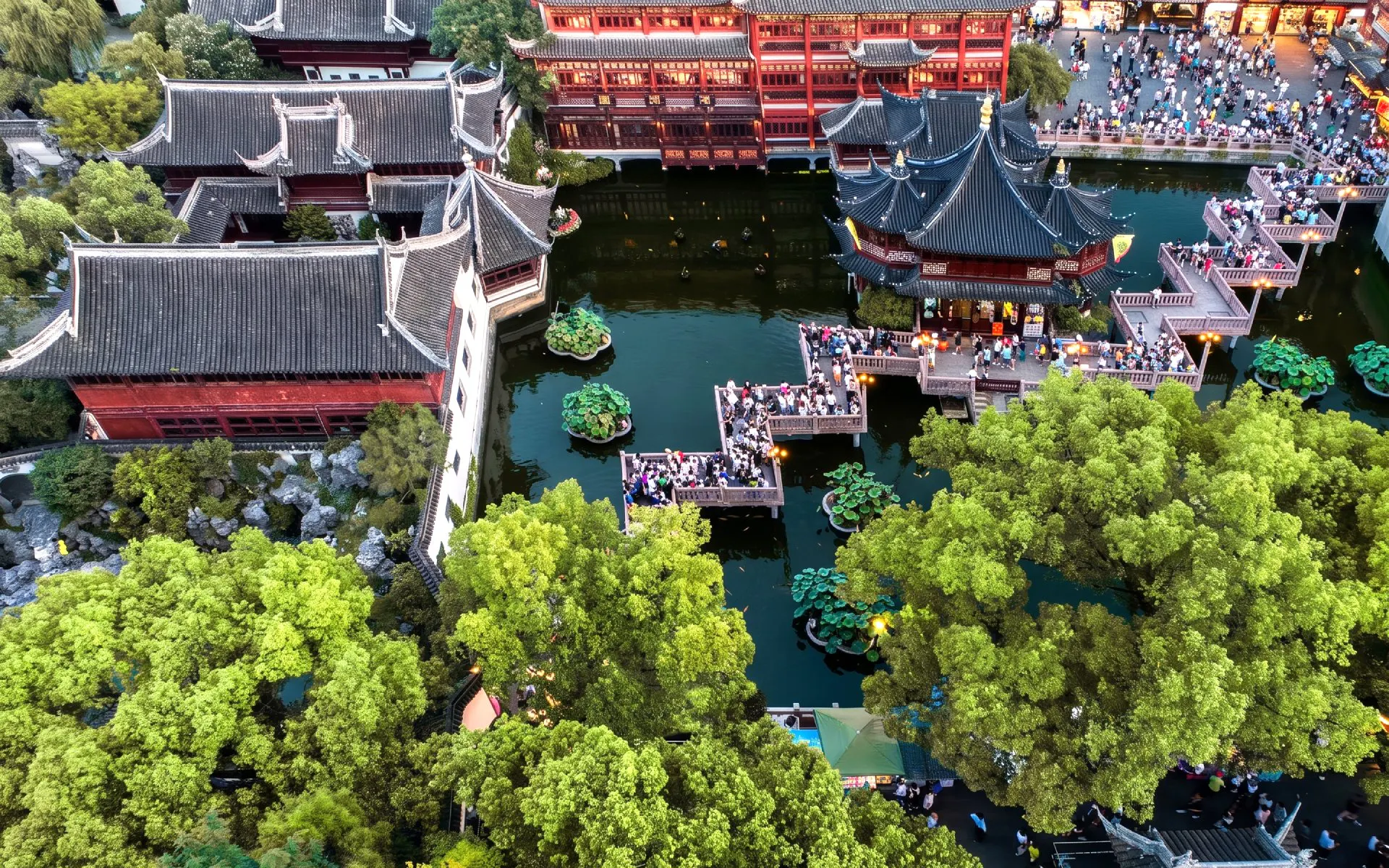 Yu Garden aerial view with traditional architecture and pond, Shanghai, China.