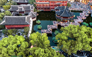 Yu Garden aerial view with traditional architecture and pond, Shanghai, China.