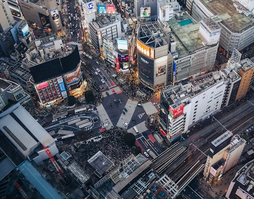 Aerial view of Shibuya Crossing from Shibuya Sky Deck, Tokyo, Japan.