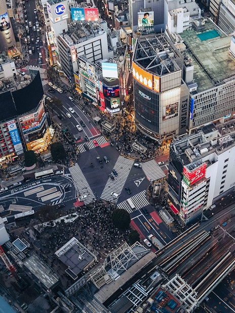 Aerial view of Shibuya Crossing from Shibuya Sky Deck, Tokyo, Japan.