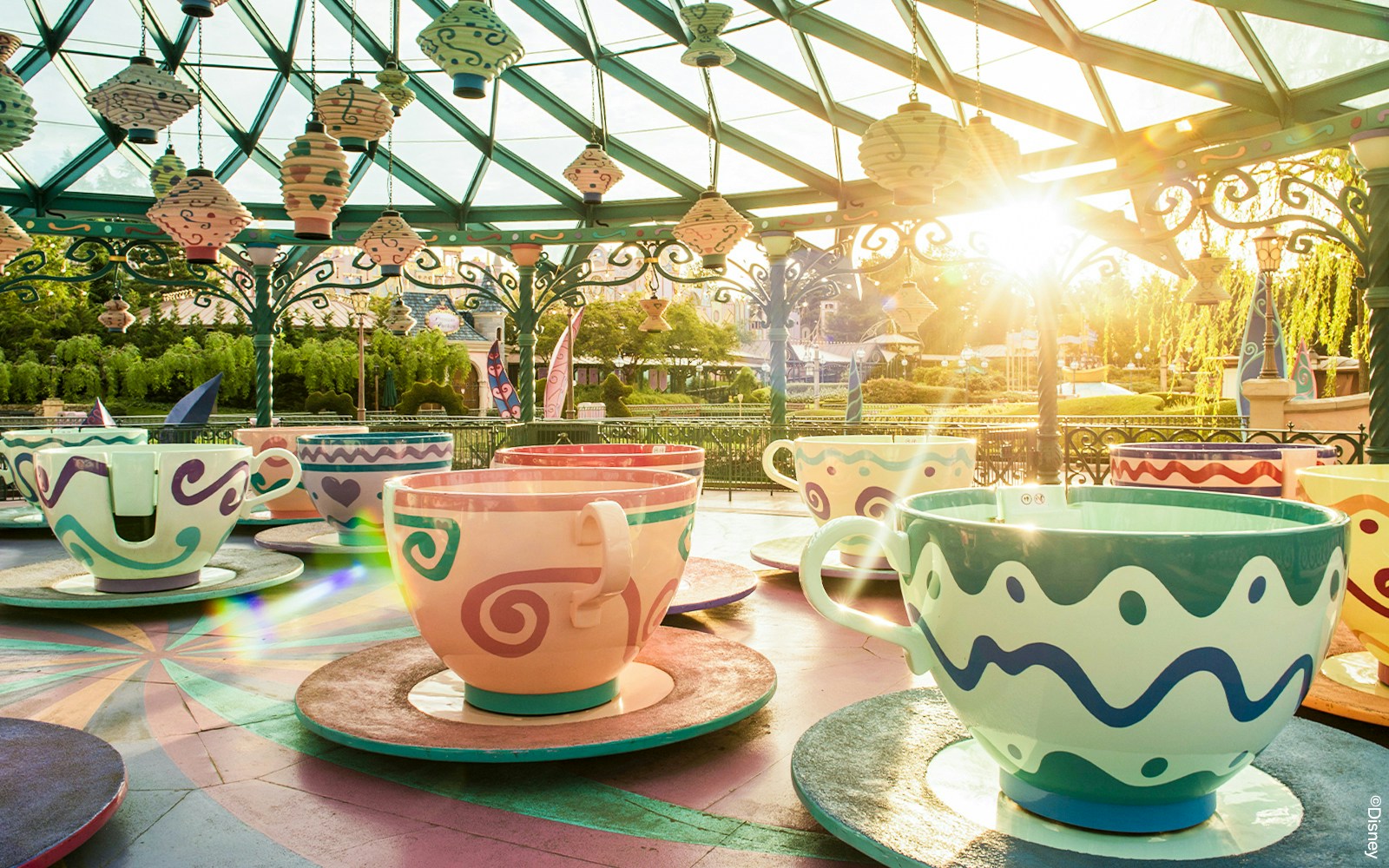 Mad Hatter's tea cup ride at Disneyland Paris, inspired by Alice in Wonderland.