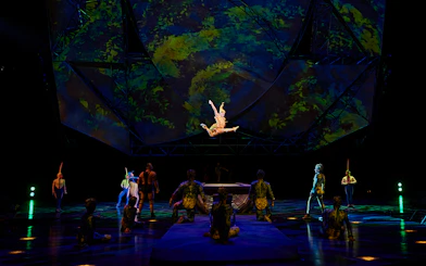 Performer mid-air during Mystère show in Las Vegas, surrounded by acrobats on stage.