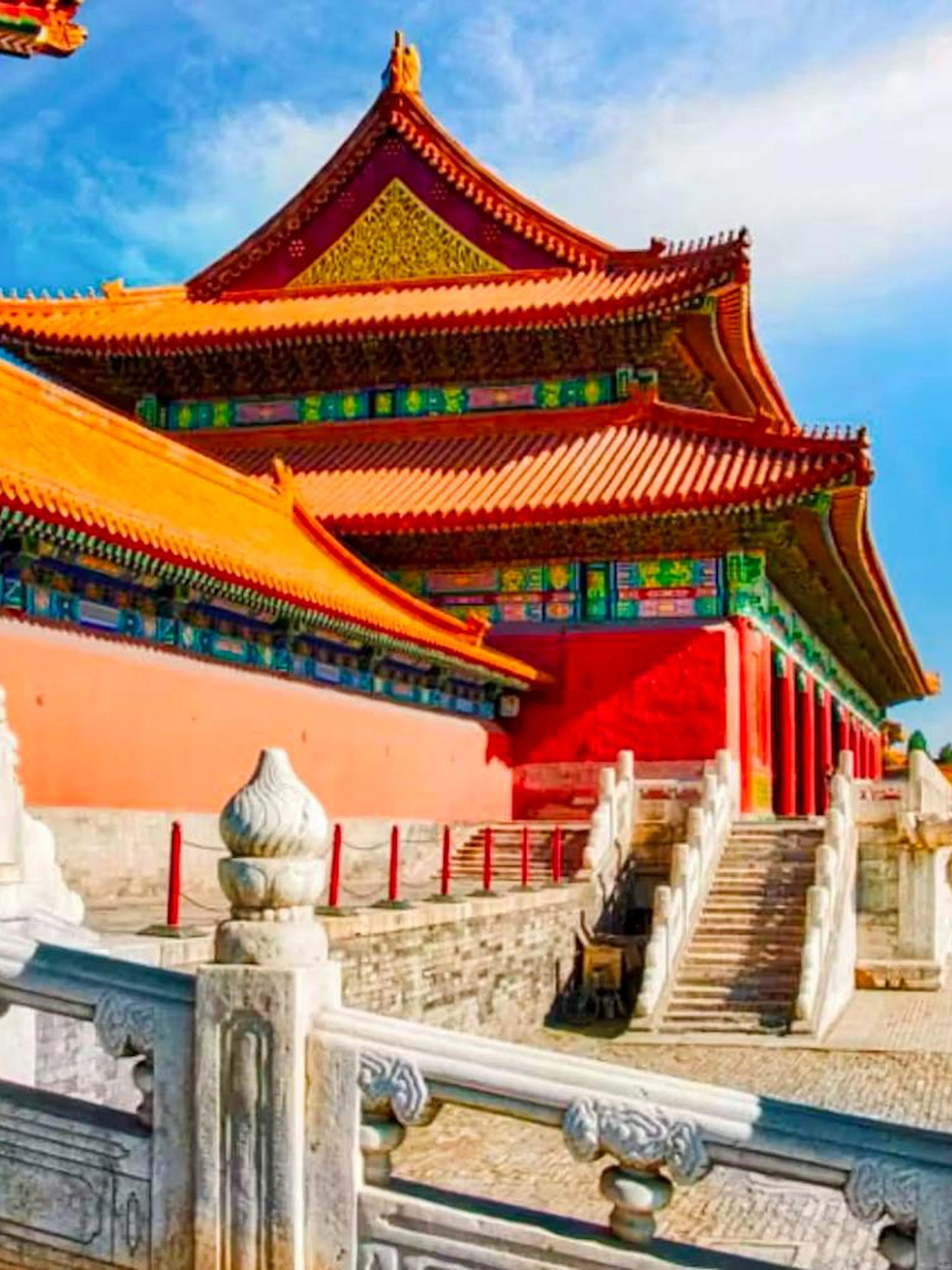 Palace Museum in Beijing with red walls, yellow-tiled roofs, and white marble balustrade.