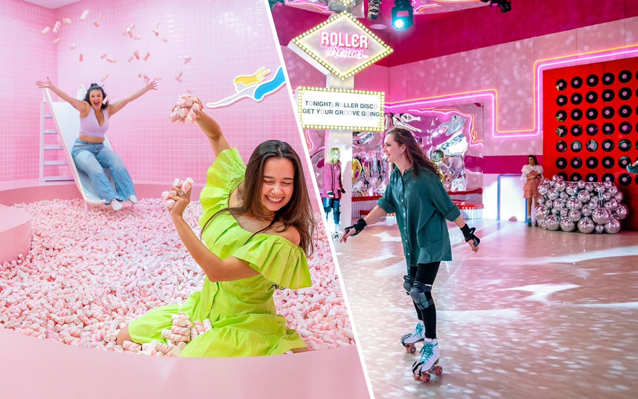 WONDR Experience ball pit and Roller Dreams '80s skating rink with neon lights.