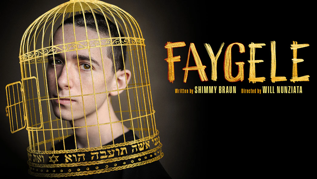 Person inside a golden birdcage with the title 'Faygele' in bold letters.