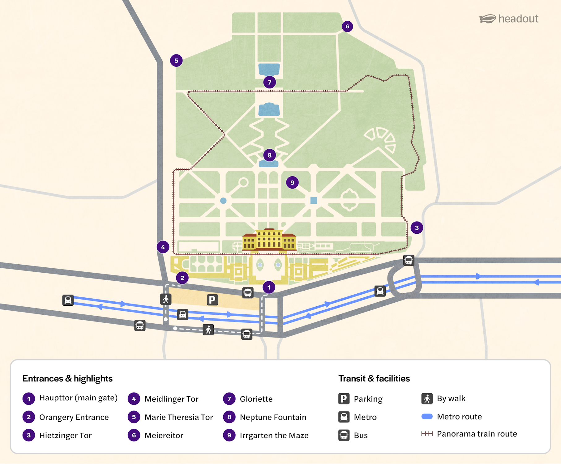 Map of Schonbrunn Palace grounds showing entrances, highlights, and transit routes.