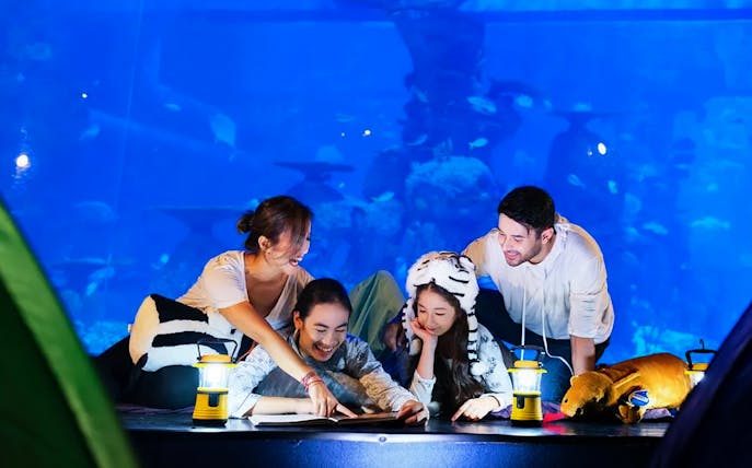Family enjoying interactive exhibit at Jakarta Aquarium Safari.