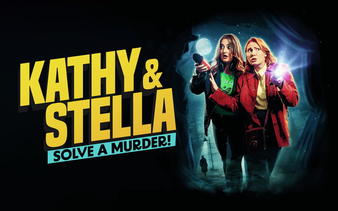 Kathy and Stella holding flashlights in a dark, mysterious setting.