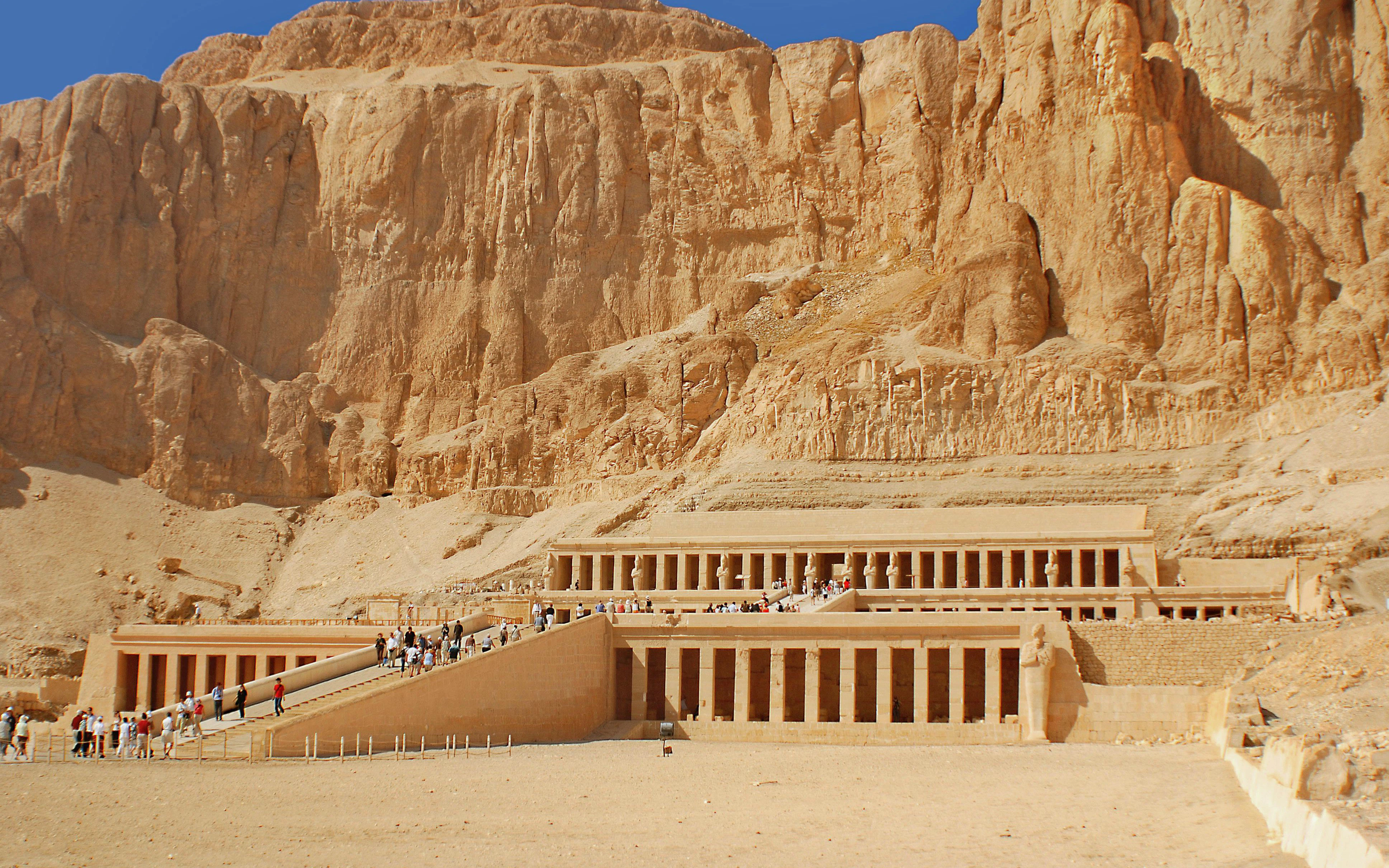 Mortuary Temple of Queen Hatshepsut beneath cliffs at Deir el-Bahari, Luxor.