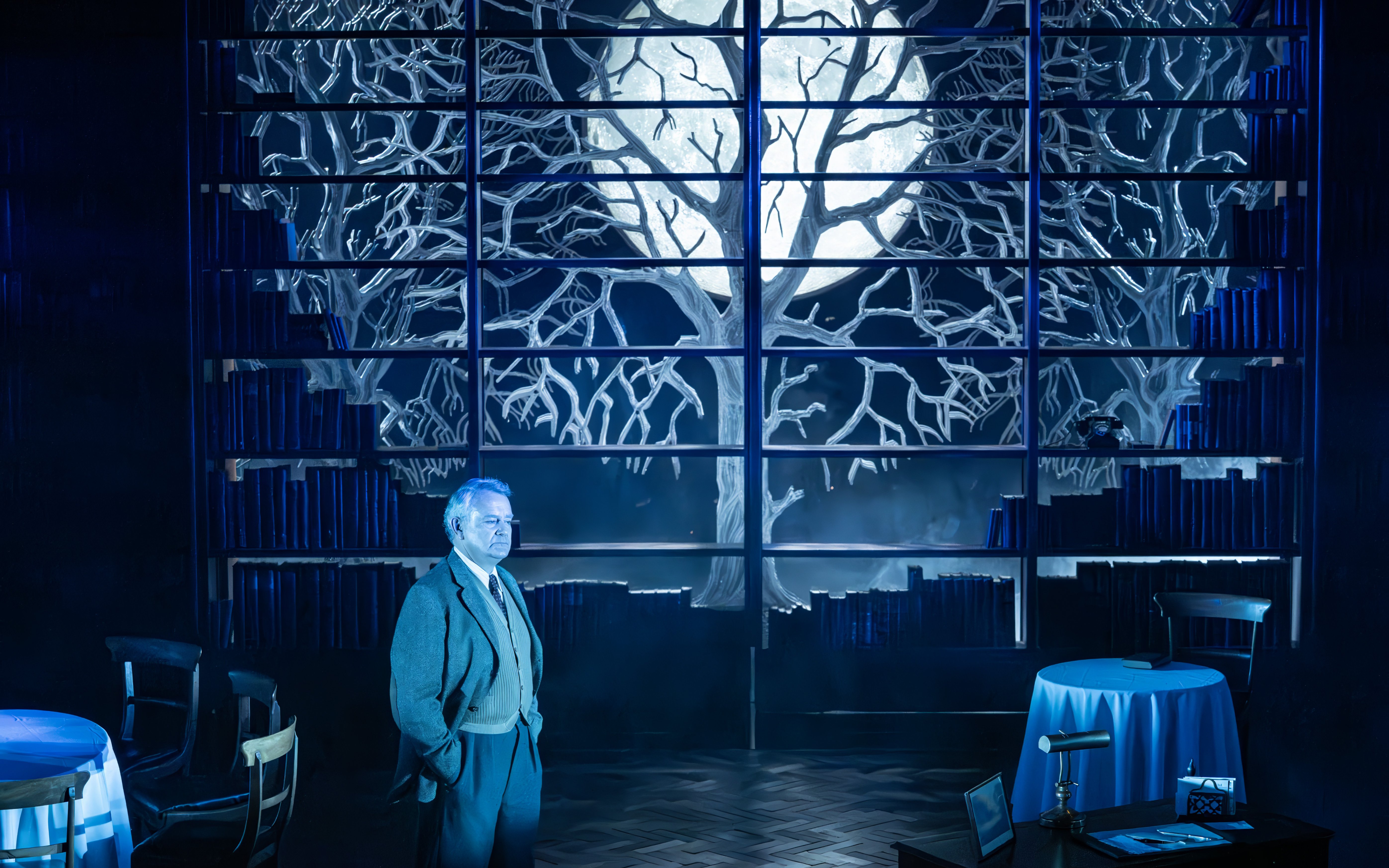 Stage scene from Shadowlands in Westend with a man standing before a tree backdrop.