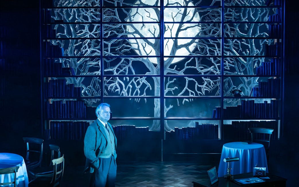 Stage scene from Shadowlands in Westend with a man standing before a tree backdrop.