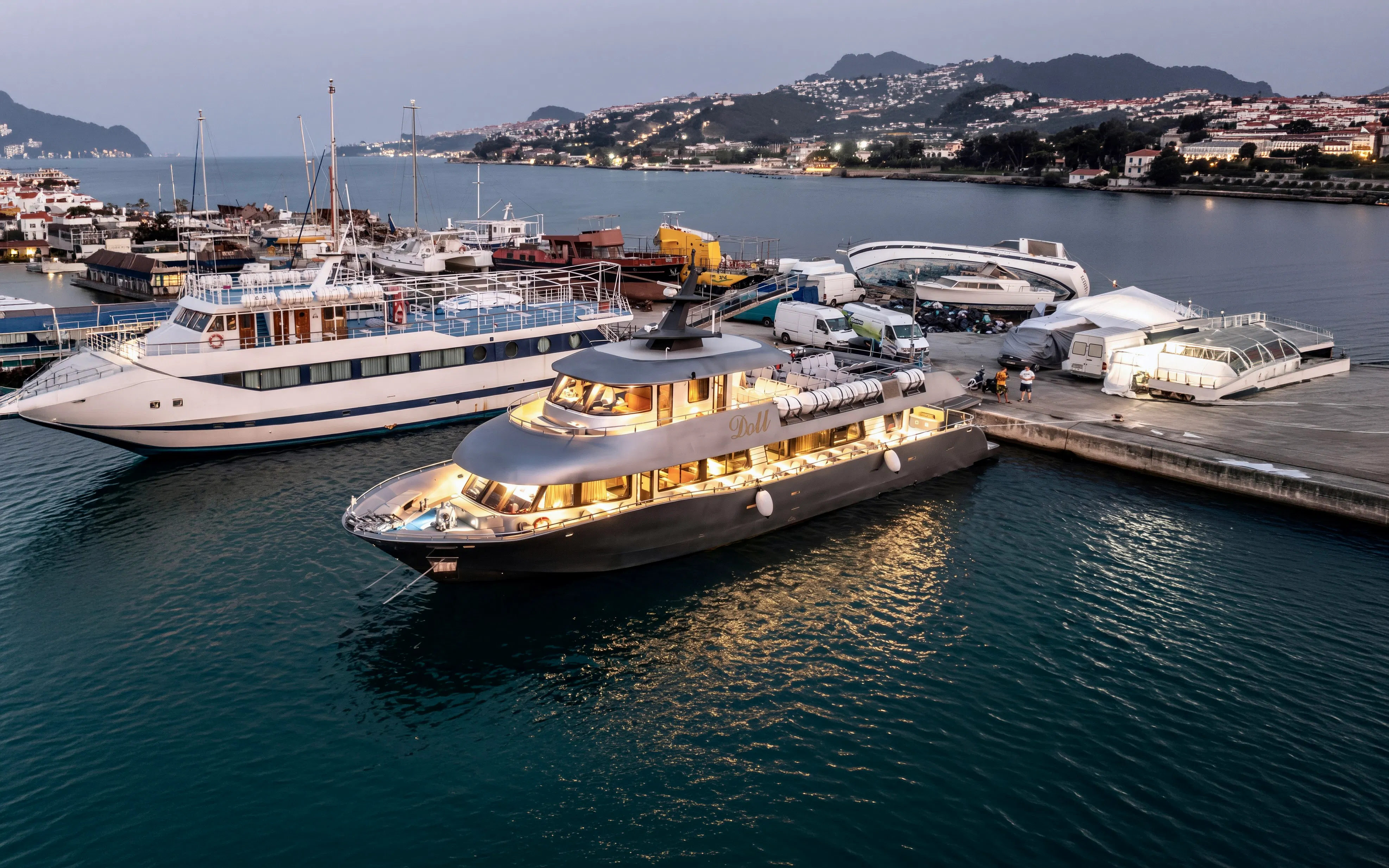 Cruise ship docked at Rhodes harbor for evening cruise to Symi.