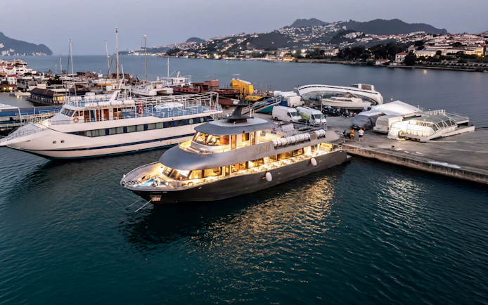 Cruise ship docked at Rhodes harbor for evening cruise to Symi.