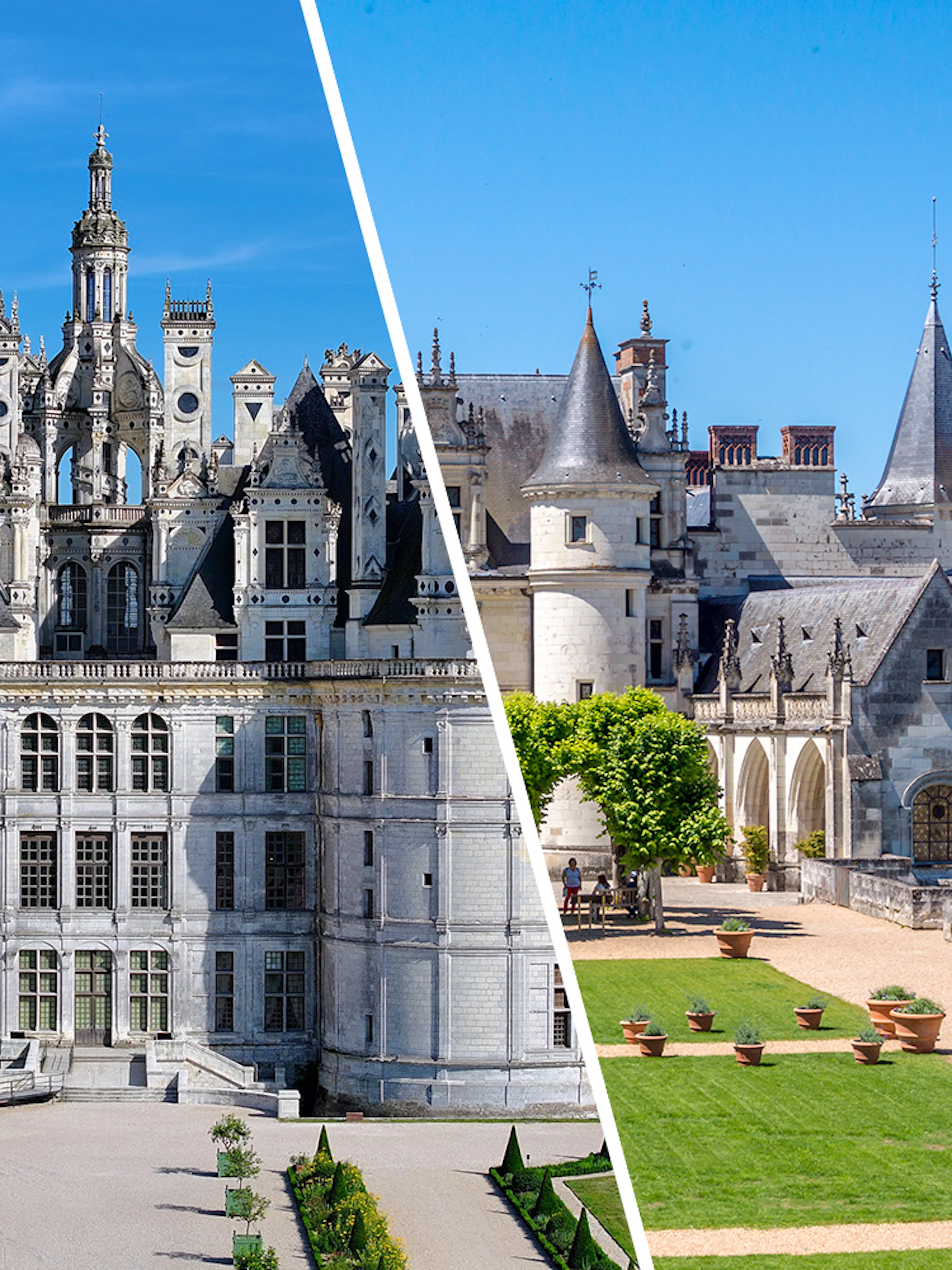 Chambord and Chenonceau castles in France, showcasing Renaissance architecture and gardens.