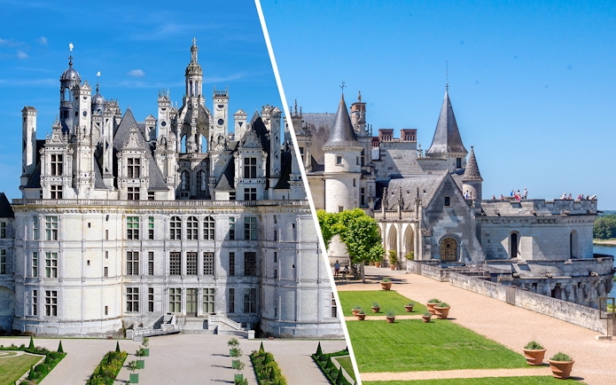 Chambord and Chenonceau castles in France, showcasing Renaissance architecture and gardens.