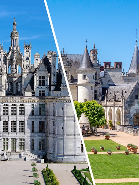 Chambord and Chenonceau castles in France, showcasing Renaissance architecture and gardens.