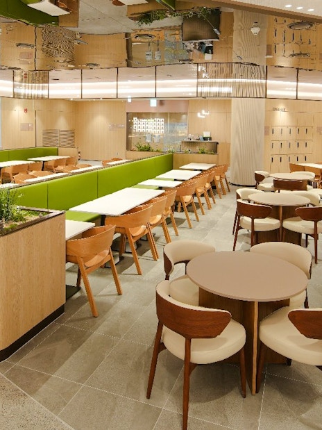 Wide angle view of seating area in Plaza Premium Lounge, South Korea.