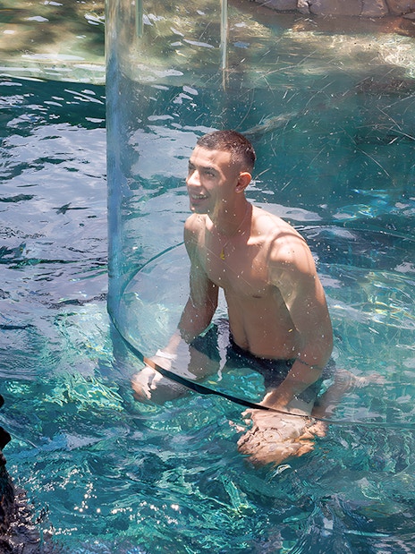 Man in clear enclosure with large crocodile at Crocosaurus Cove's Cage of Death, Darwin.
